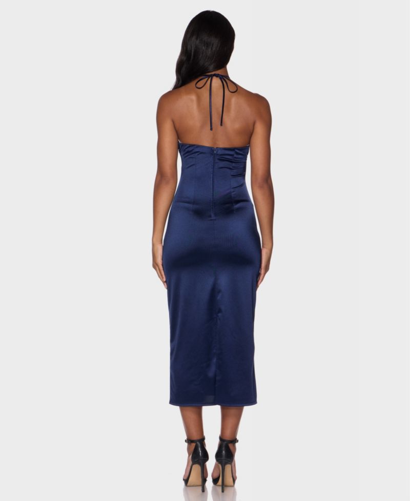 Juniors' Stone-Embellished Halter Neck Satin Midi Dress
