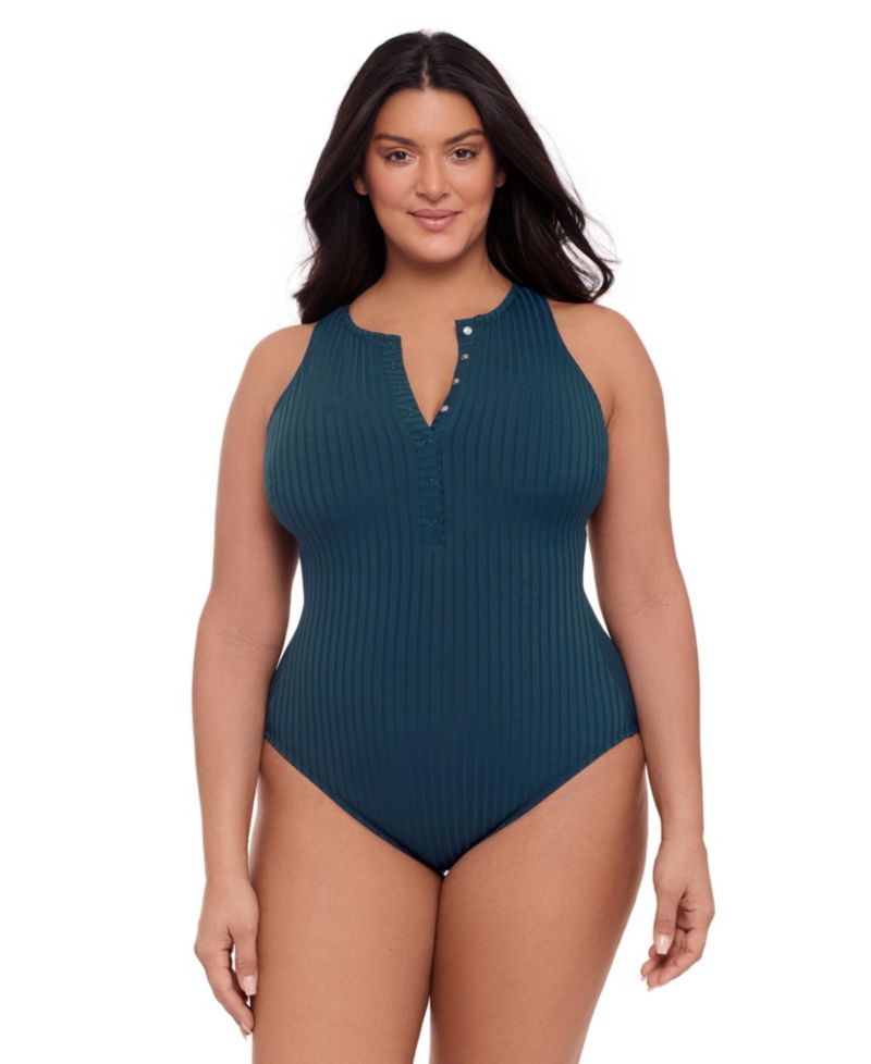 Women's S3 Smoothing Ribbed High-Neck Snap-Front One Piece Swimsuit