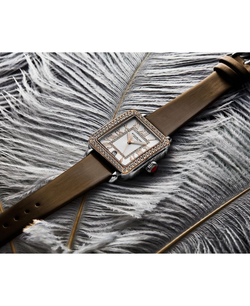 Elegant Women s Rectangular 35x47mm Dress Watch - Model 4060L.5, Rose Gold Crystal Bezel, Silver Case, Brown Leather Strap