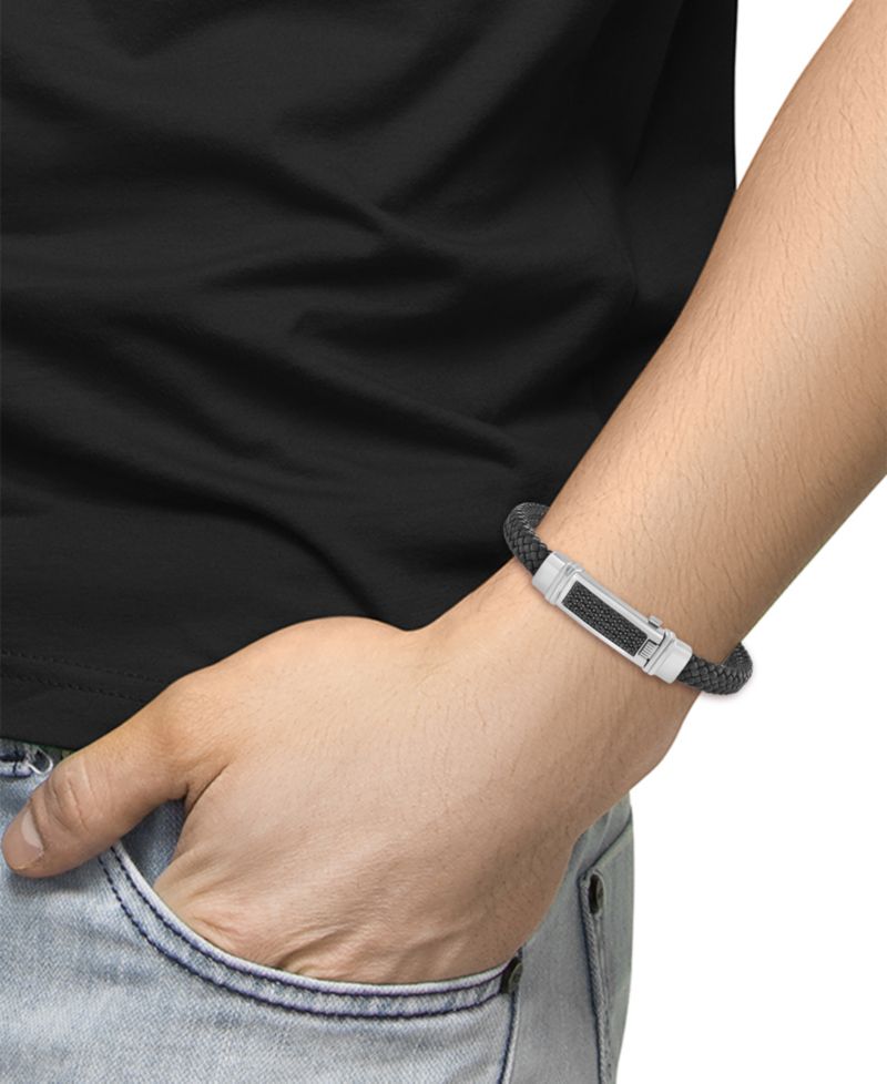 EFFY® Men's Black Spinel Pav&eacute; Woven Black Leather Bracelet (3/4 ct. t.w.) in Sterling Silver