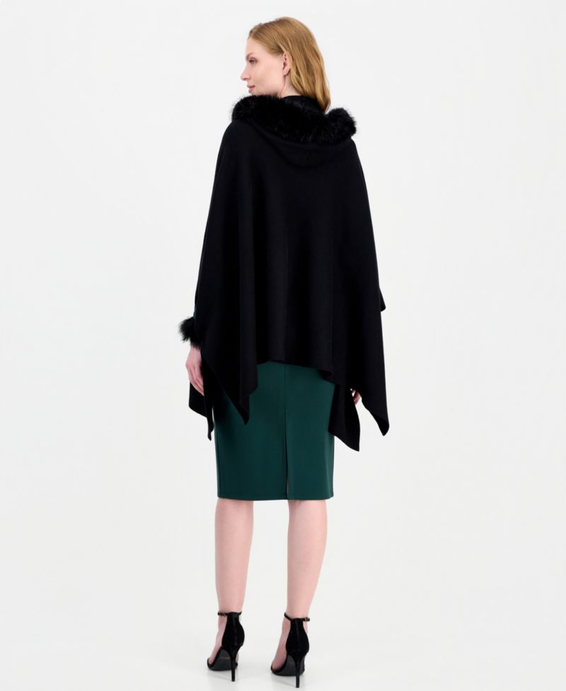 Women's Hooded Faux-Fur Trim Cape