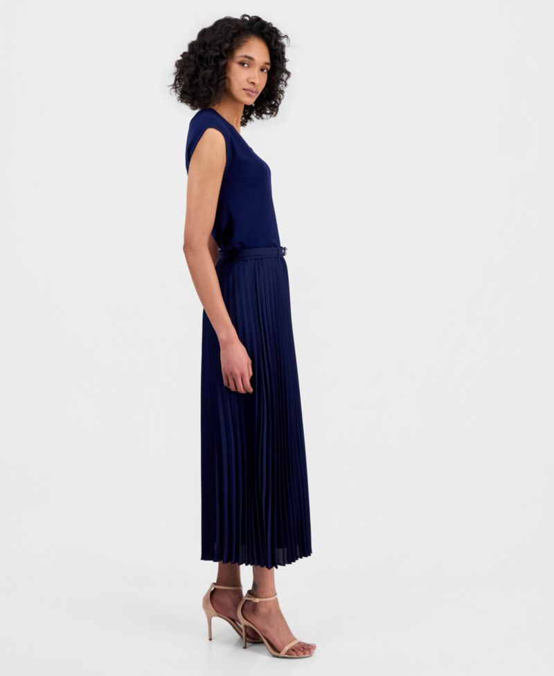 Women's Belted Pull-On Pleated Midi Skirt