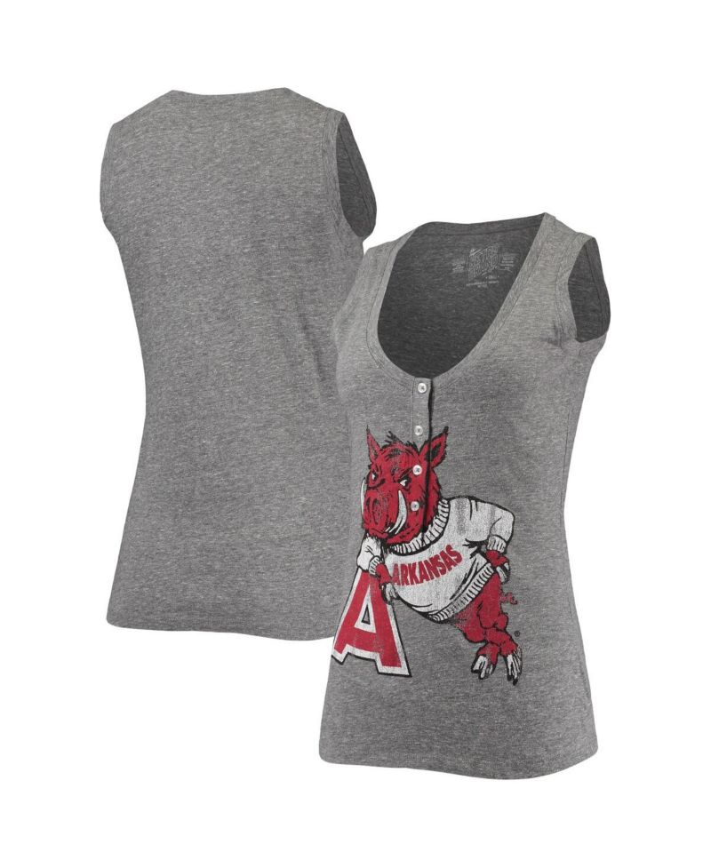 Women's Heathered Gray Arkansas Razorbacks Relaxed Henley Tri-Blend V-Neck Logo Tank Top