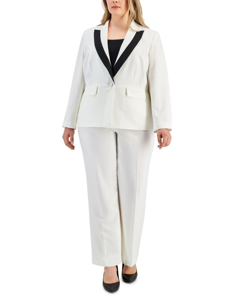 Plus Size Contrast-Trim Peak-Lapel 2 Piece Pantsuit