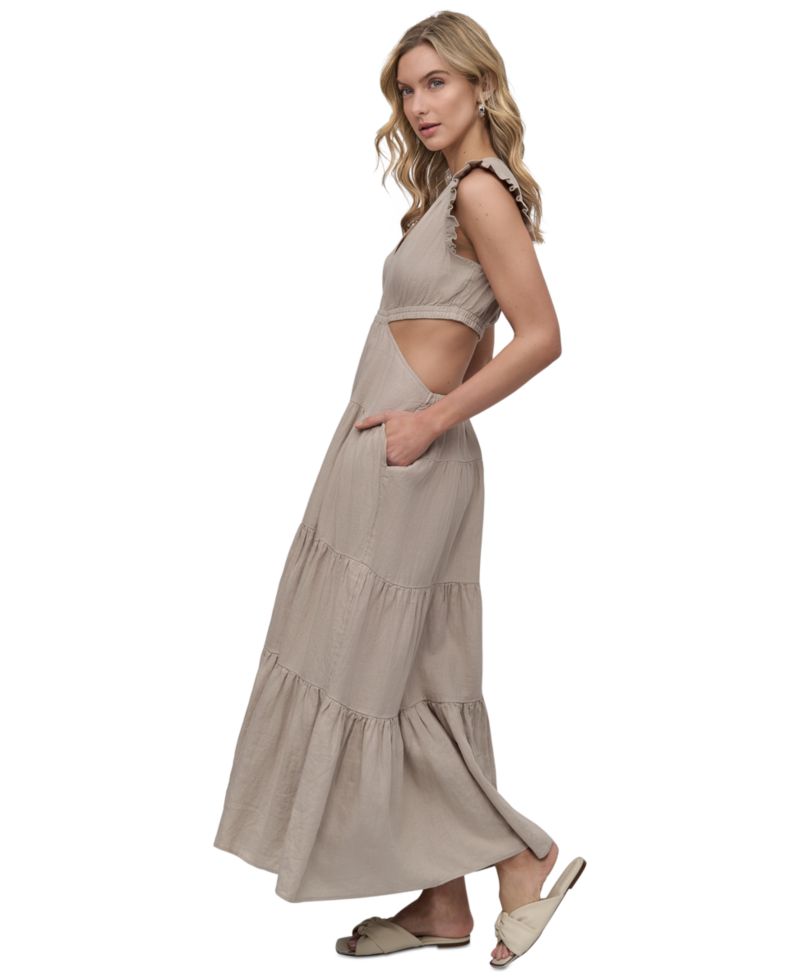 Women's Linen-Blend Tiered V-Neck Cutout Dress