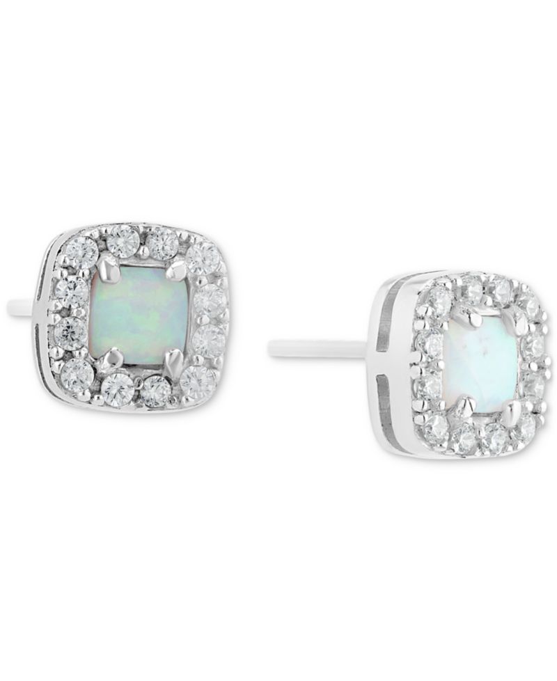 Simulated Opal & Pav&eacute; Halo Square Stud Earrings in Sterling Silver