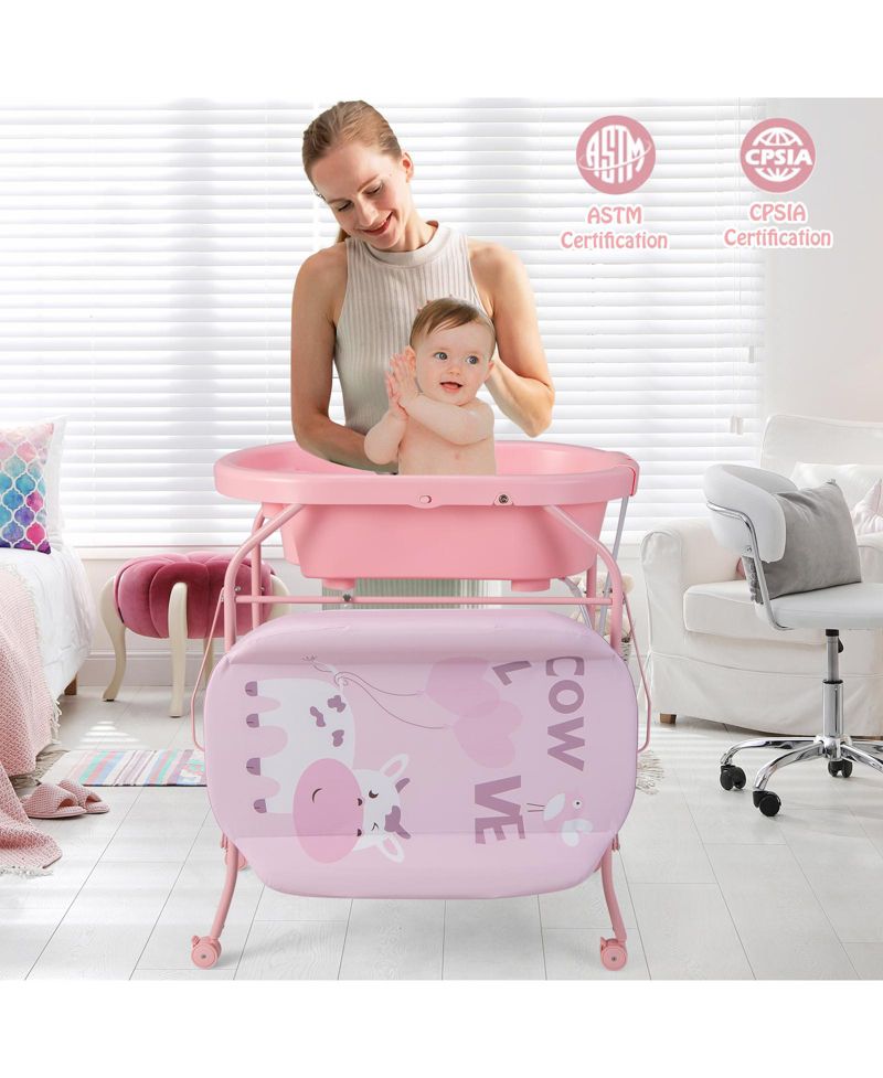 Folding Baby Changing Table with Bathtub and 4 Universal Wheels