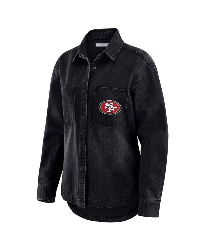 Women's Black San Francisco 49ers Washed Oversized Denim Full-Snap Shacket