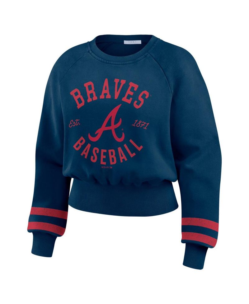 Women's Navy Atlanta Braves Vintage Washed Cropped Pullover Sweatshirt