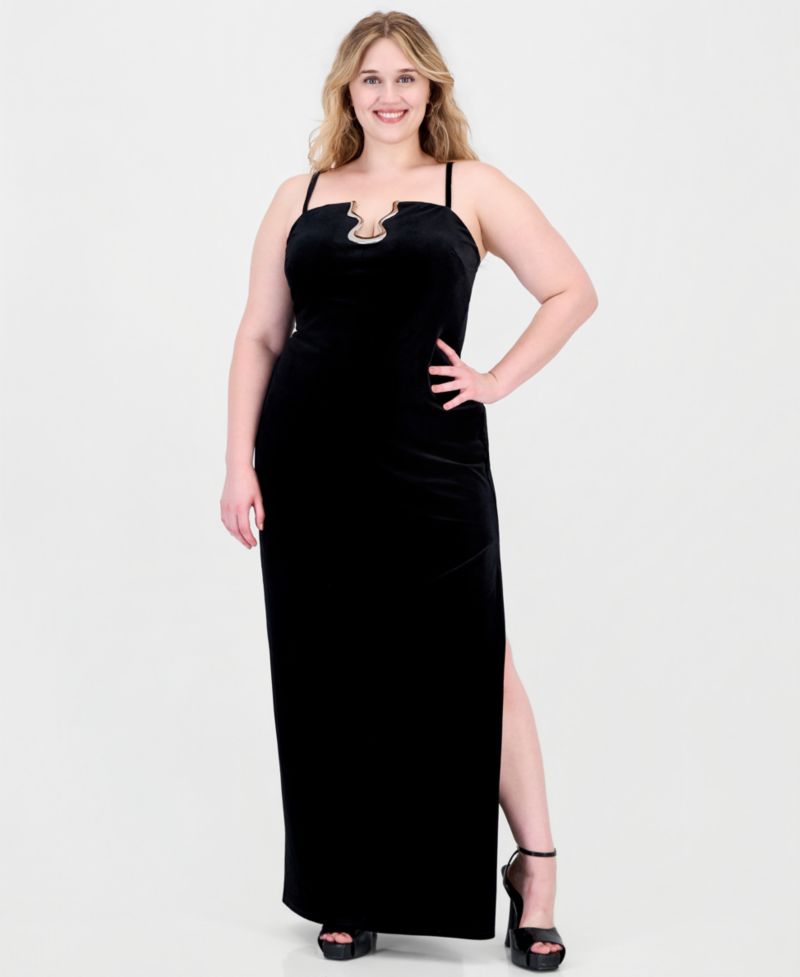 Plus Size Long Velvet With Hardware Open Front Side Slit Gown
