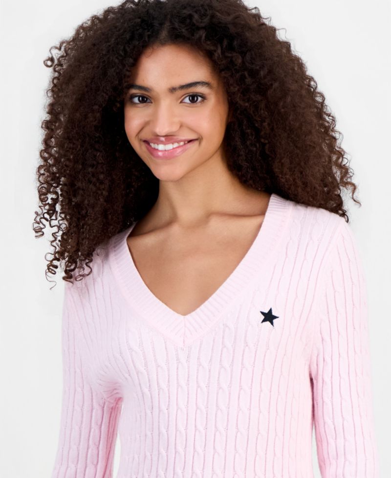Juniors' Longline V-Neck Cable-Knit Sweater