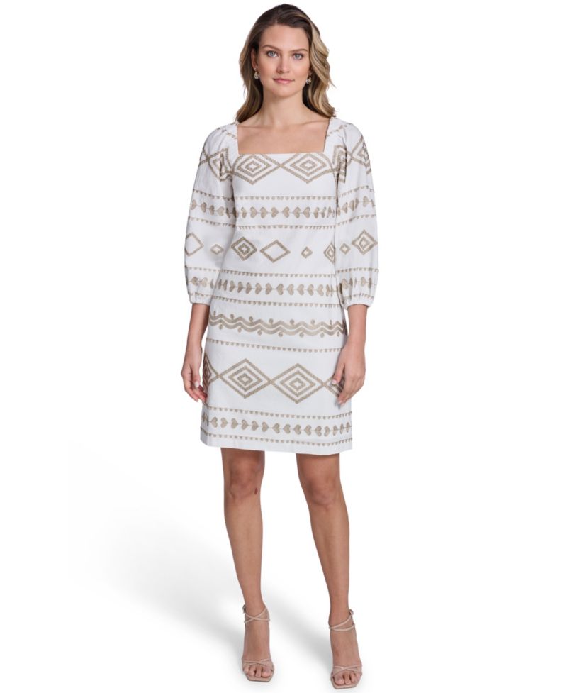 Petite Embroidered Square Neck Shift Dress