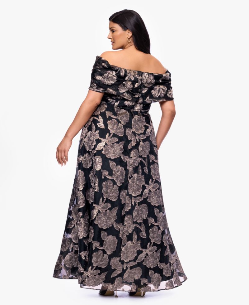 Plus Size Printed Off-The-Shoulder Ball Gown