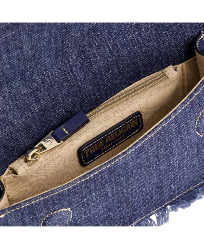 Frayed Denim Flap Bag with Logo Strap