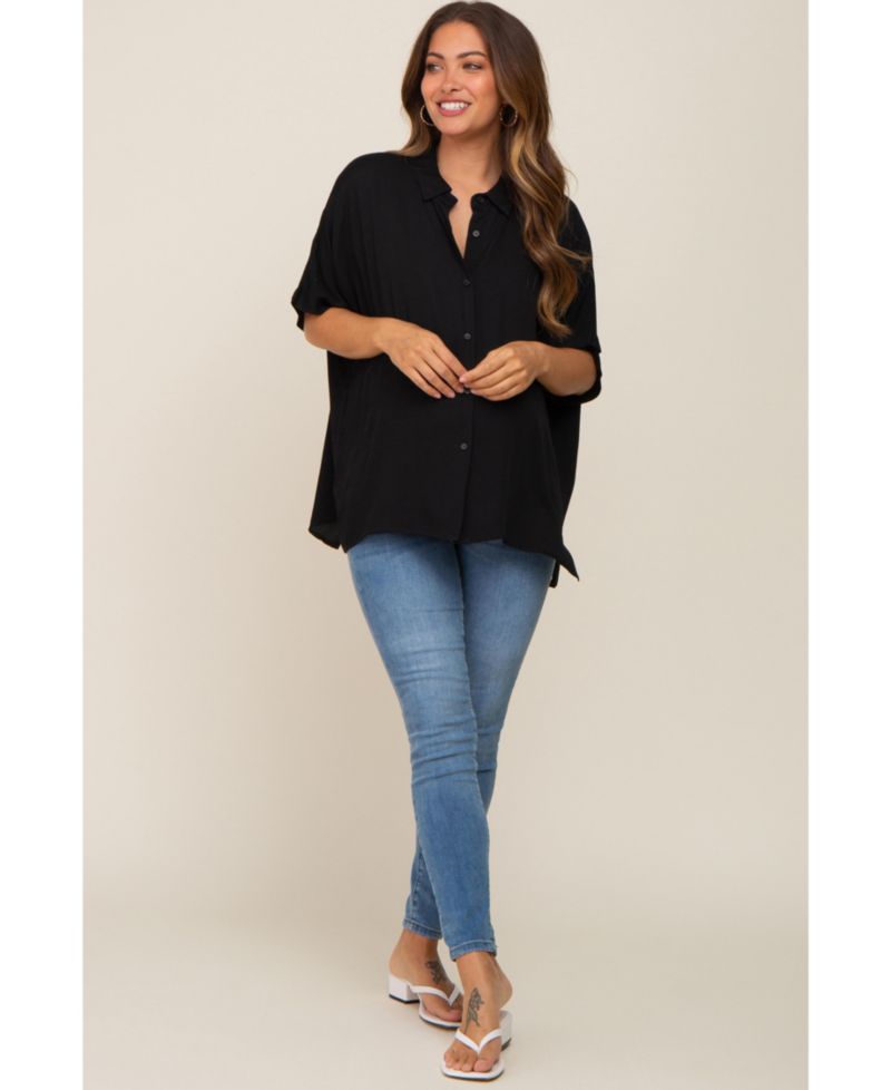 Women's Black Button Up Dolman Short Sleeve Top