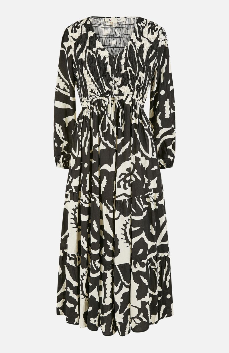 Women's Abstract Print Ruched V-Neck Midi Dress