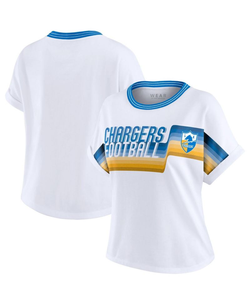 Women's White Los Angeles Chargers Cropped Center Stripe Dolman T-Shirt