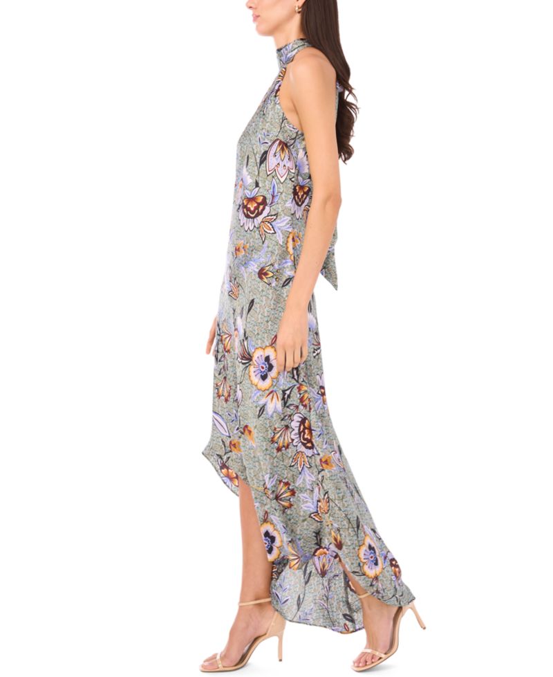 Women's Draped Satin Tie-Back Halter Midi Dress