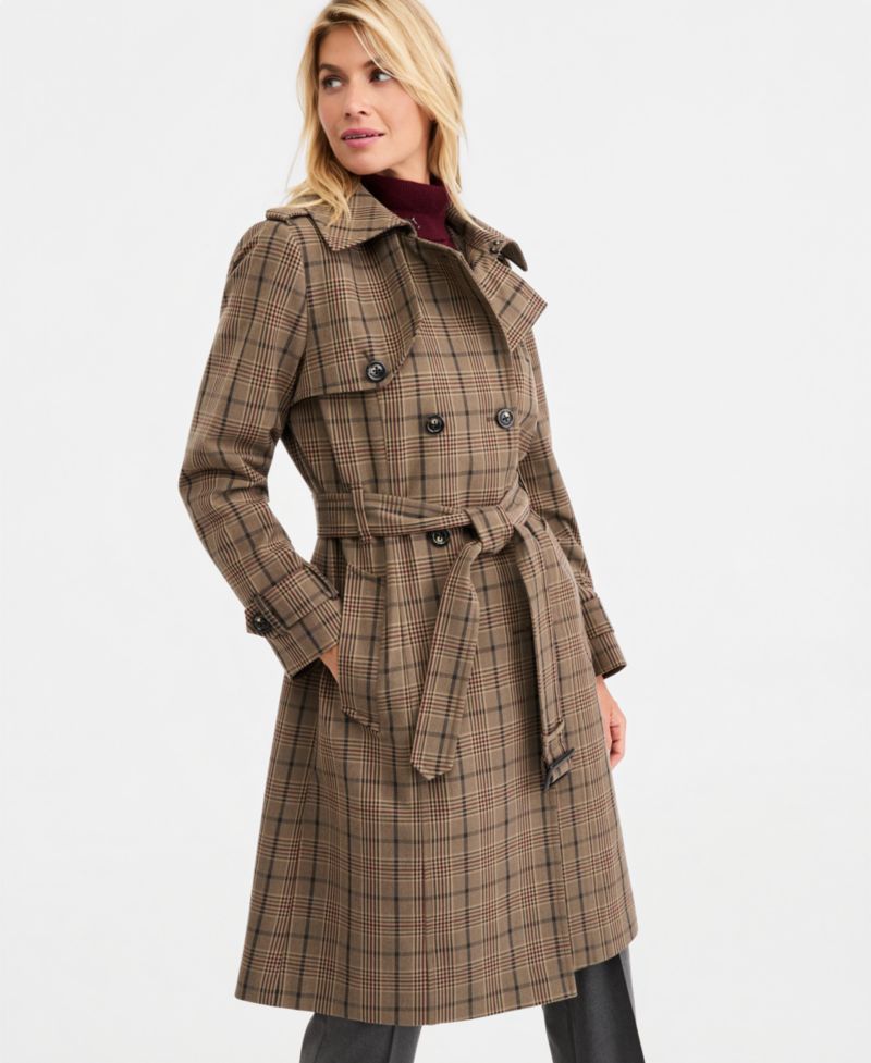 Women's Plaid-Collar Belted Trench Coat, Created for Macy's