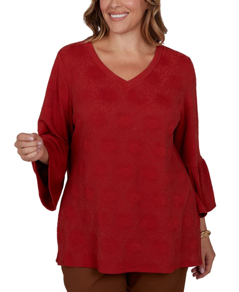 Plus Size V-Neck Floral Bell-Sleeve Blouse
