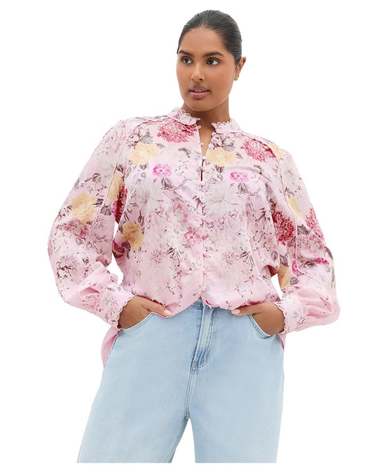Plus Size Gianna Floral-Print High-Scallop-Trim Blouse