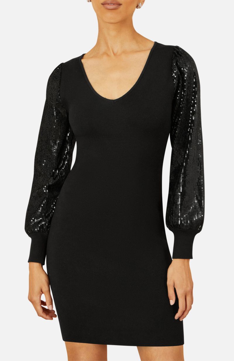 Women's Knitted Fitted Dress With Sequin Sleeves