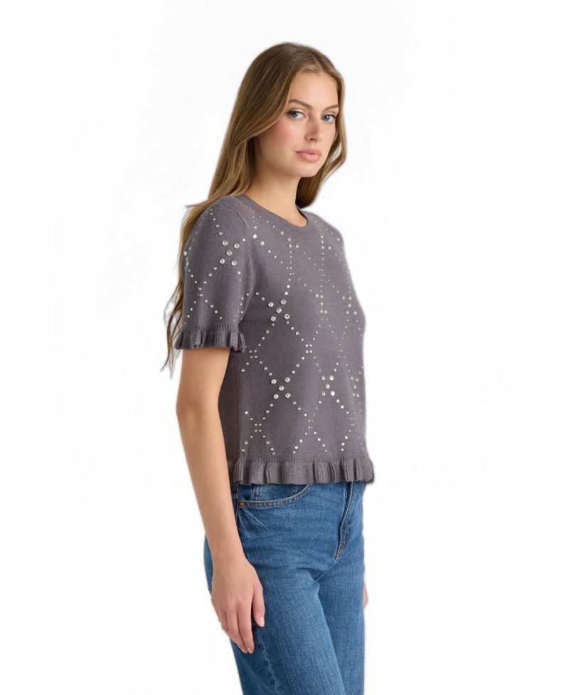 Women's Short-Sleeve Crewneck Ruffled Sweater