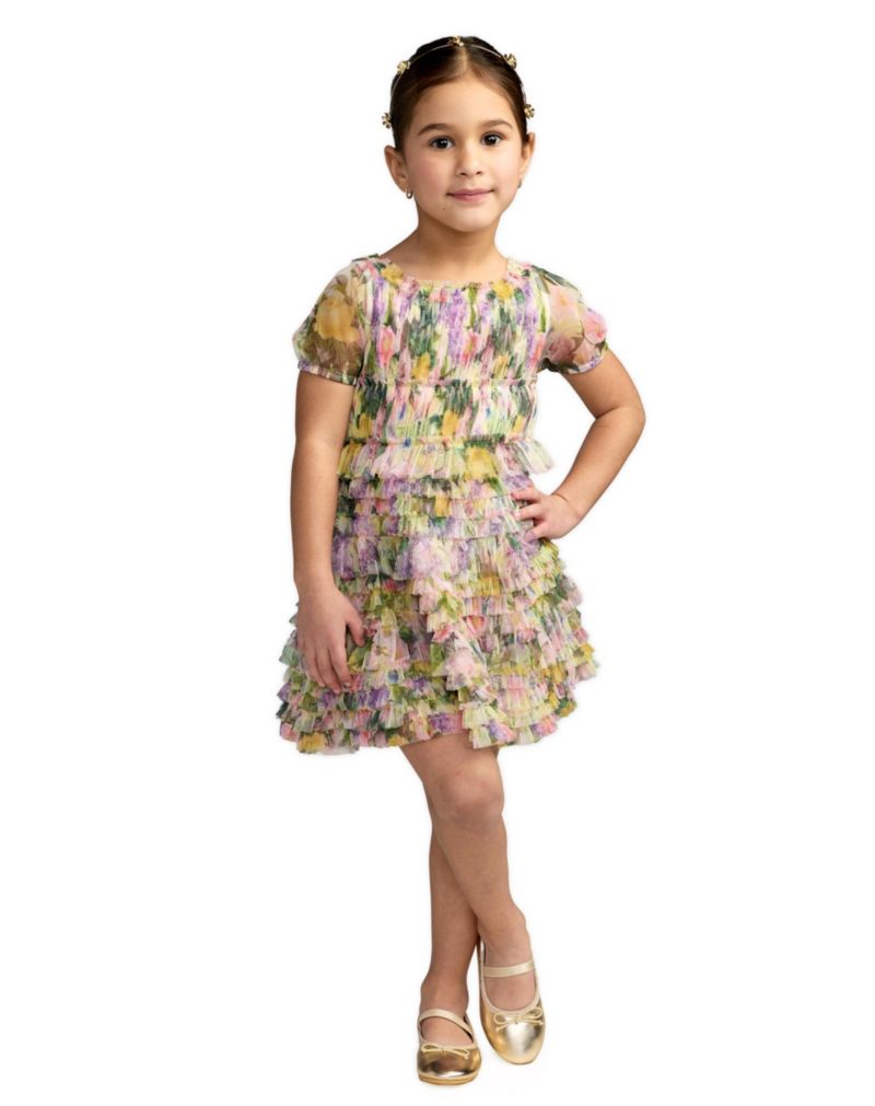 Big Girls Floral Scoop Neck Ruffle Dress