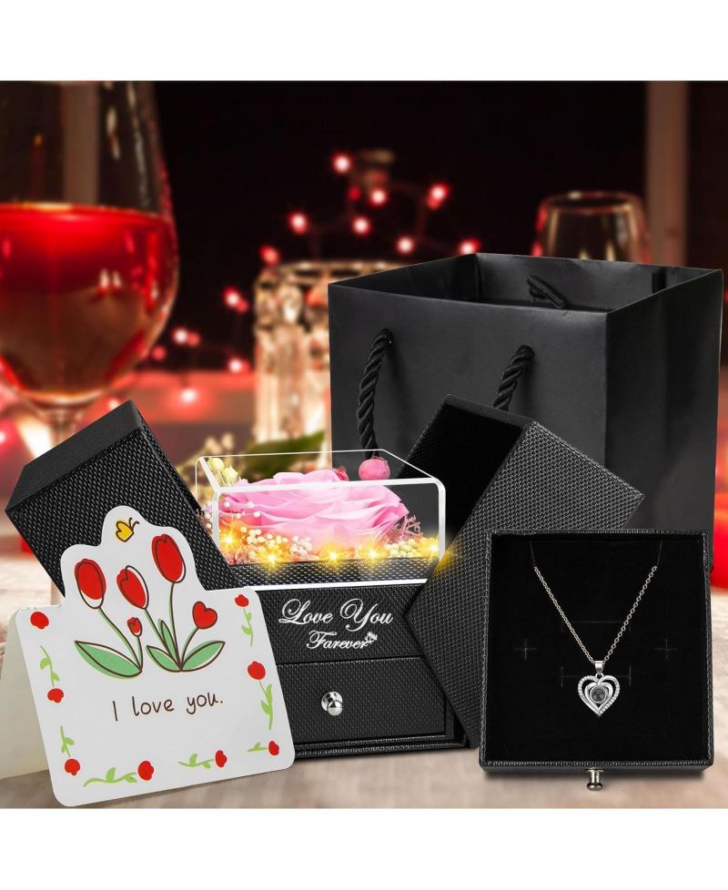 Preserved Pink Rose Gift Box with LED Lights & Double Heart Projection Necklace, I Love You in 100 Languages, Forever Rose Gift
