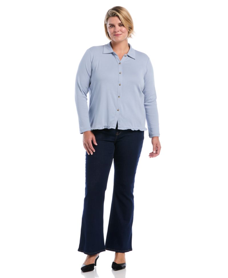 Plus Size Long-Sleeve Point Collar Ruffle-Trim Top