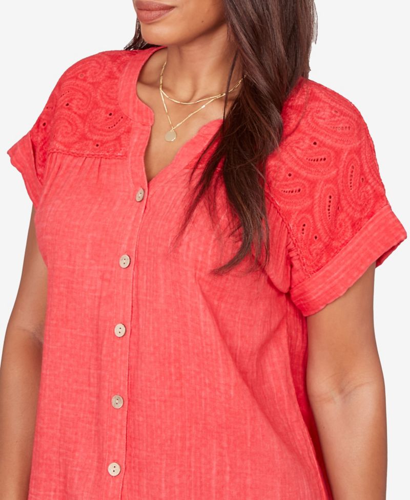 Petite Paisley Embroidered Gauze-Button T-Shirt