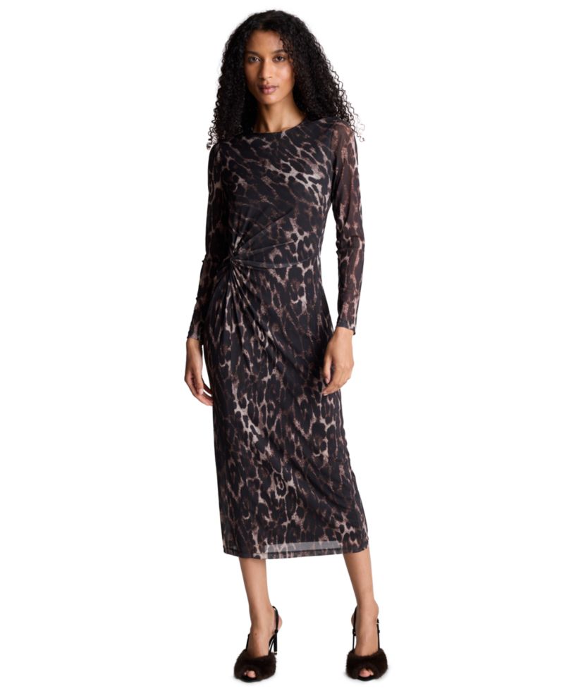 Women's Knot Front Long-Sleeve Midi Dress