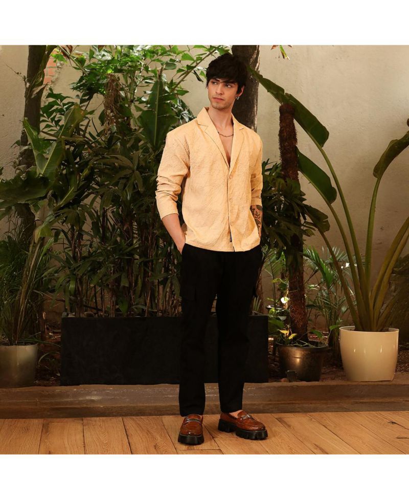 Men's Buff Beige Quad-Tactile Oversized Shirt.