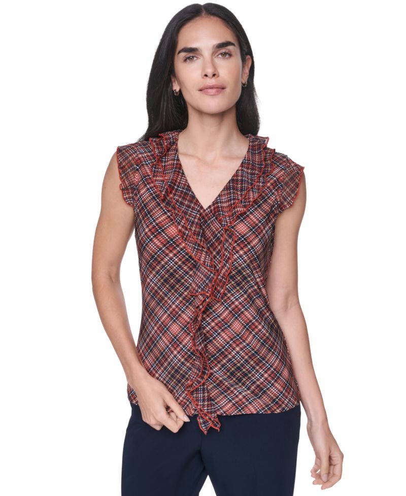 Women's V-Neck Plaid Ruffle Sleeveless Blouse