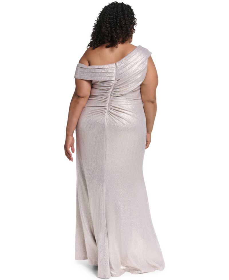 Plus Size One-Shoulder Metallic Front-Slit Gown