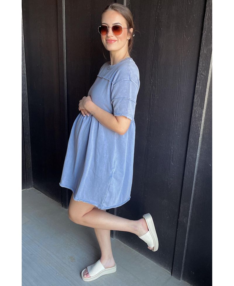Women's Blue Raw Hem Short Sleeve Dress