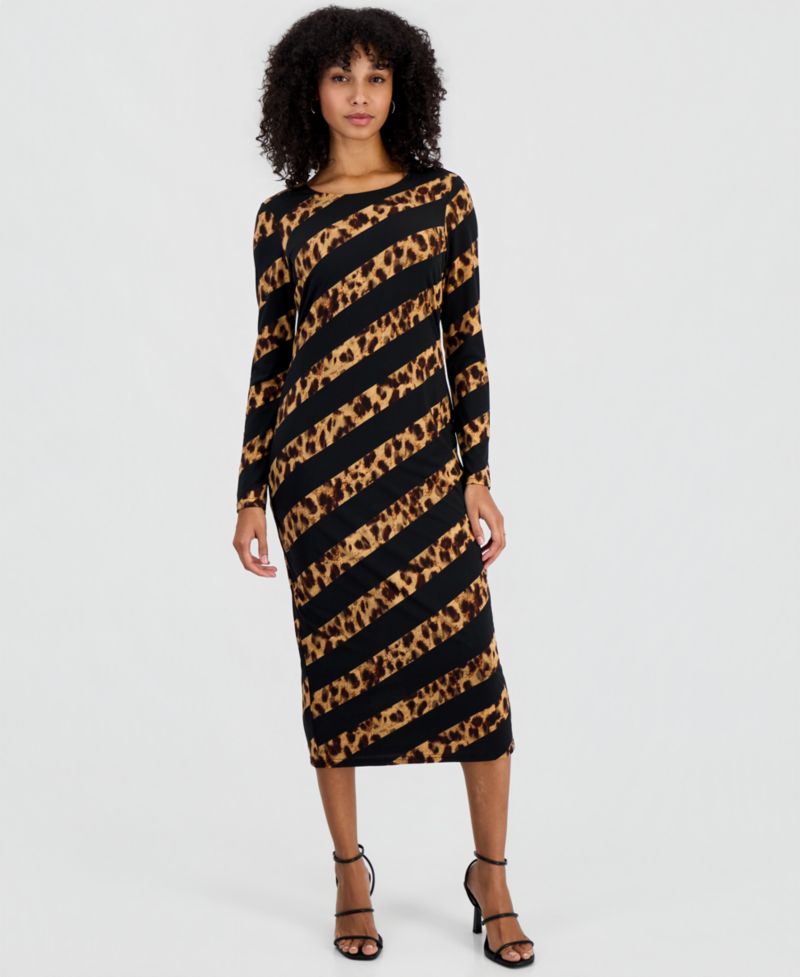 Women's Leopard-Print Long-Sleeve Midi Dress