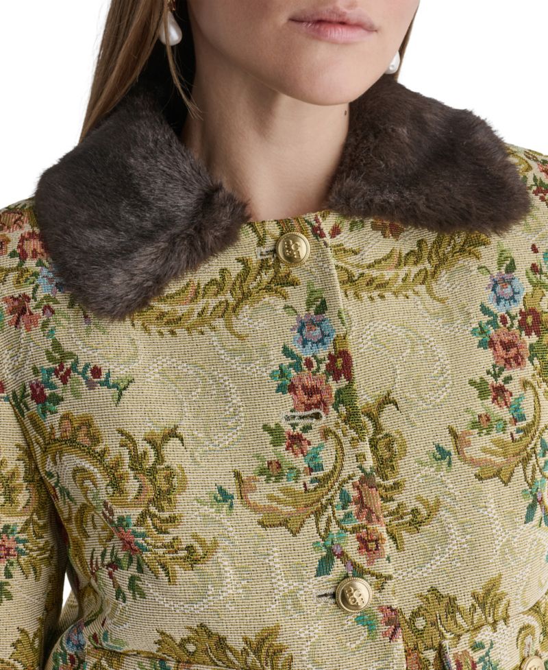 Women's Tapestry Faux-Fur-Collar 3/4-Sleeve Jacket