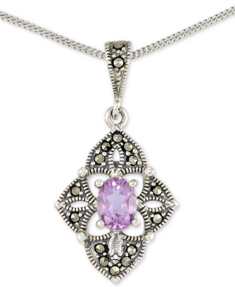 Amethyst (1/2 ct. t.w.) & Marcasite Flower 18" Pendant Necklace in Sterling Silver