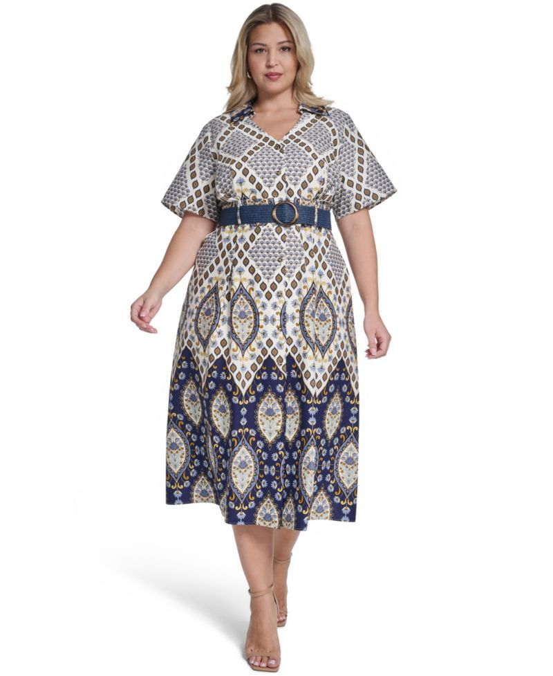 Plus Size Collared Belted Shirt-Dress