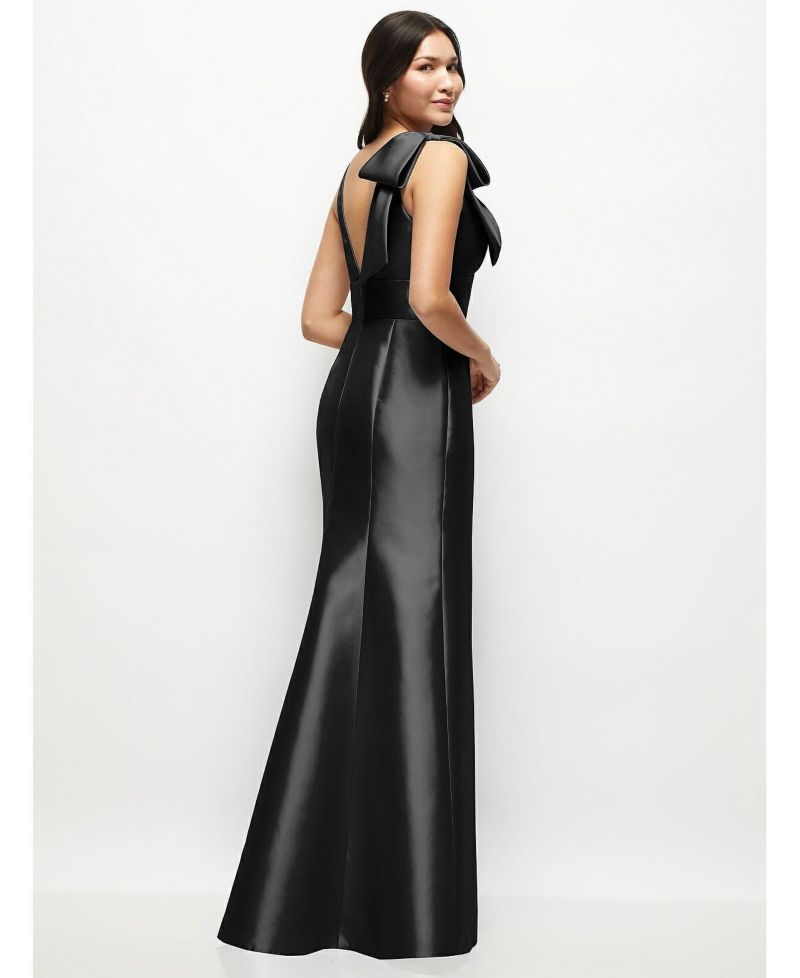 Women's Deep V-back Satin Trumpet Dress with Cascading Bow at One Shoulder