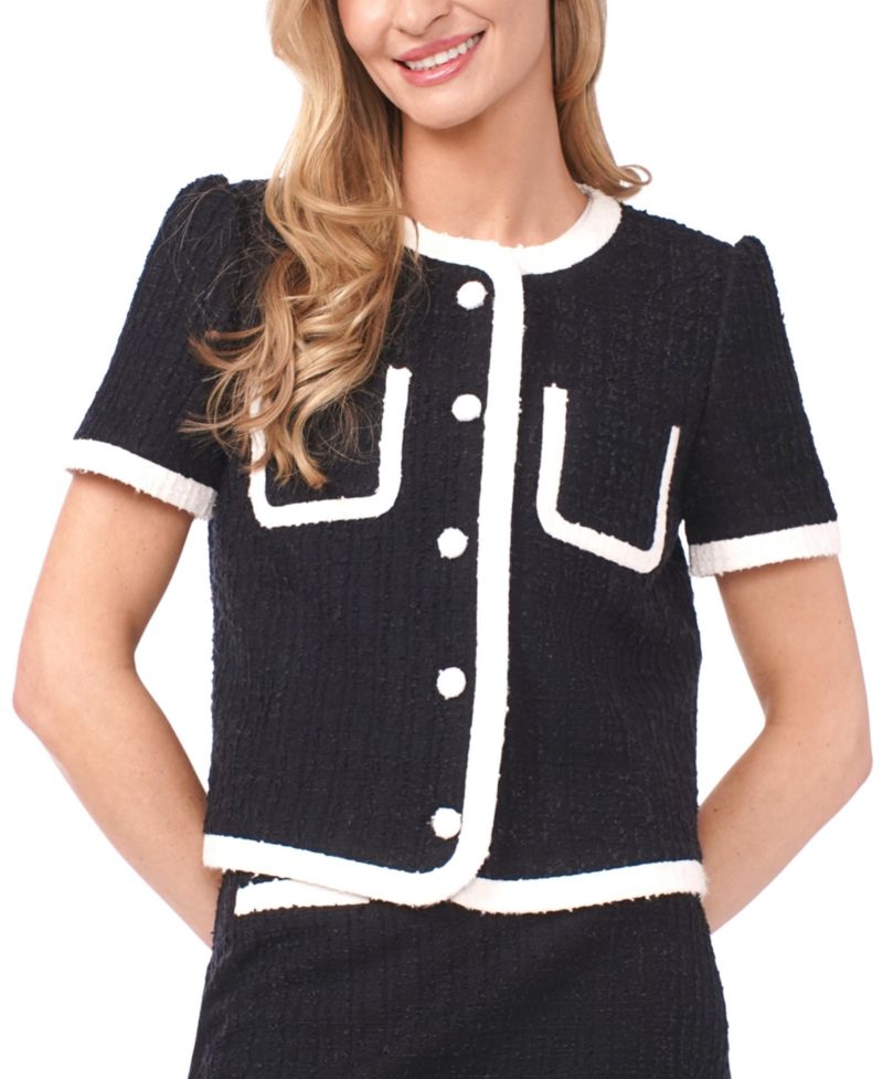 Women's Puff Sleeve Contrast Binding Crew Neck Jacket