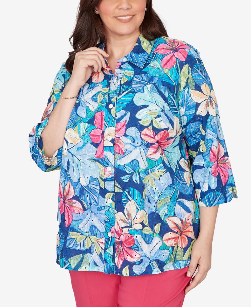 Plus Size The Royal Treatment Tropical Eyelet Button Down Top