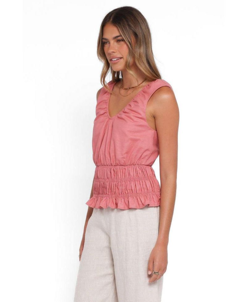 Women's Lucilla V-Neck Shirred-Waist Sleeveless Top