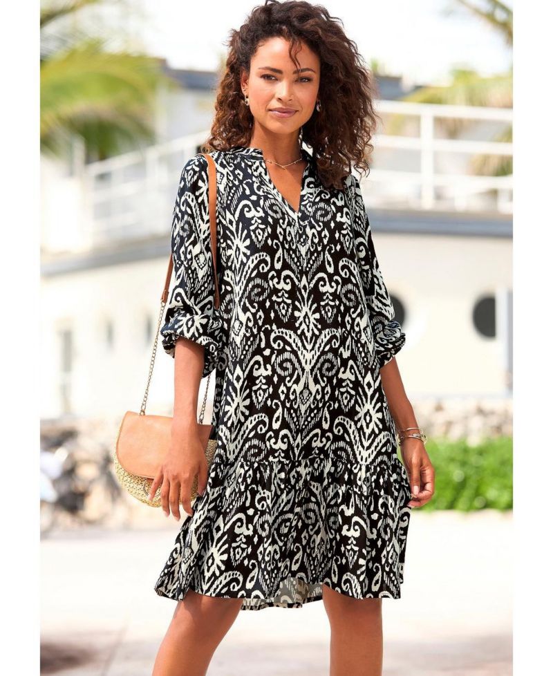 Women's Viscose Printed Tunic Ruffle-Trim Notch-Neck Short Dress