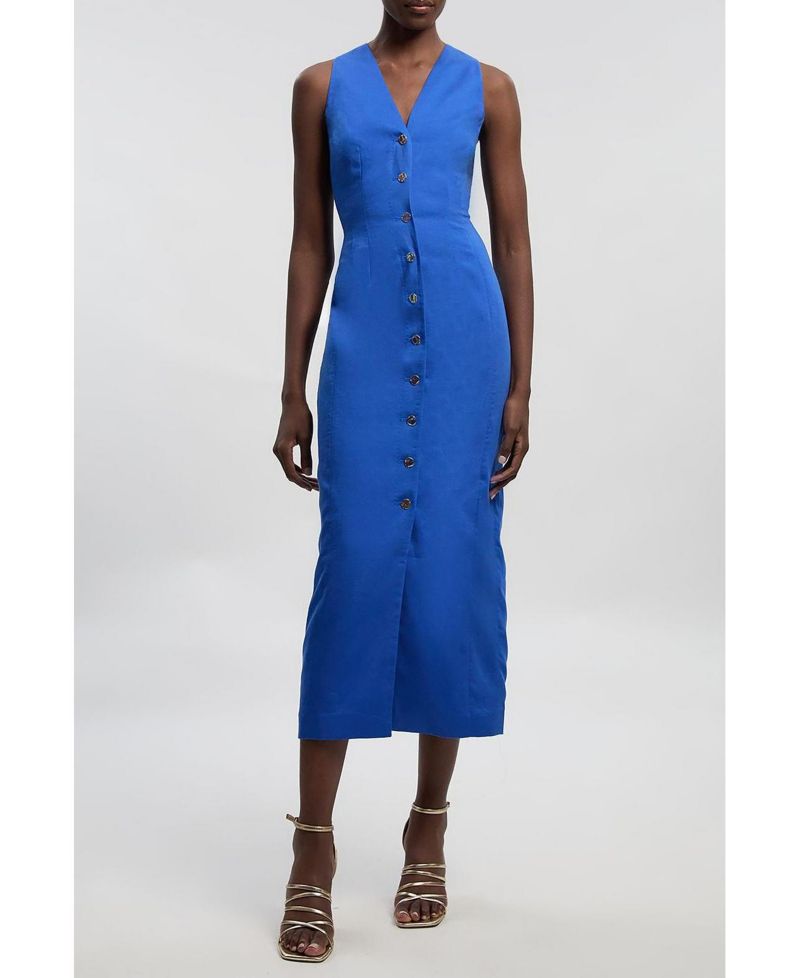 Women's Tailored Linen Corset Back Midi Dress