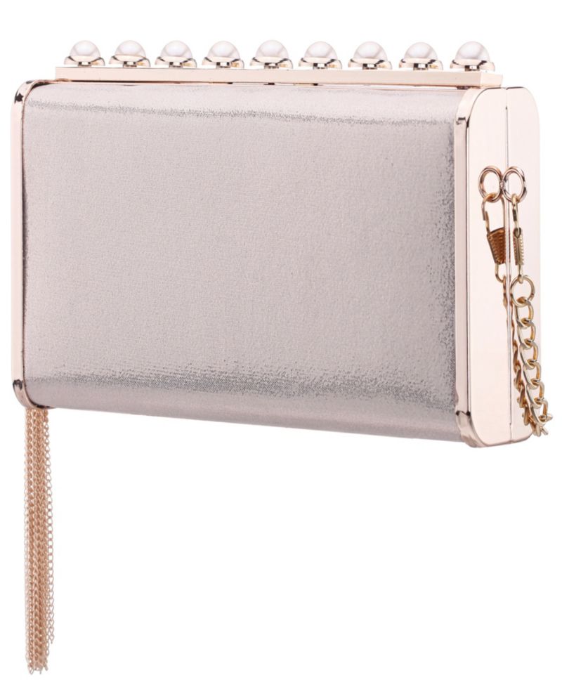 Crystal Ornamented Minaudiere Tassel Lift Lock Clutch