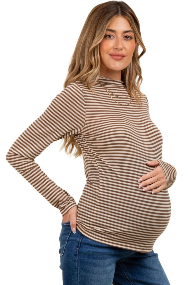 Women's Mocha Striped High Neck Long Sleeve Top
