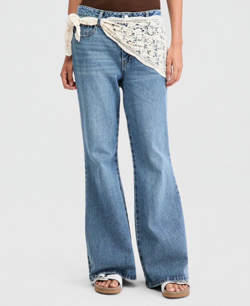 Petite Crocheted-Scarf Flare Jeans