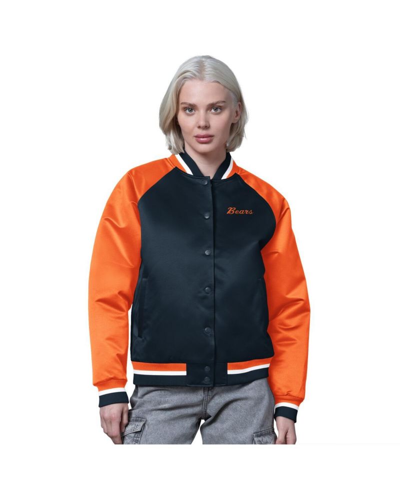 Women's Navy/Orange Chicago Bears Satin Full-Snap Vintage Varsity Jacket